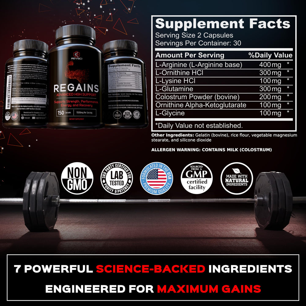 Revolution Science HGH supplements label closeup showing ingredient clarity and quality