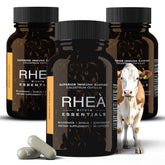 Bottle of RHEA Essentials Colostrum capsules for women with 180-count label