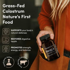 Close-up of RHEA Colostrum capsules in bottle