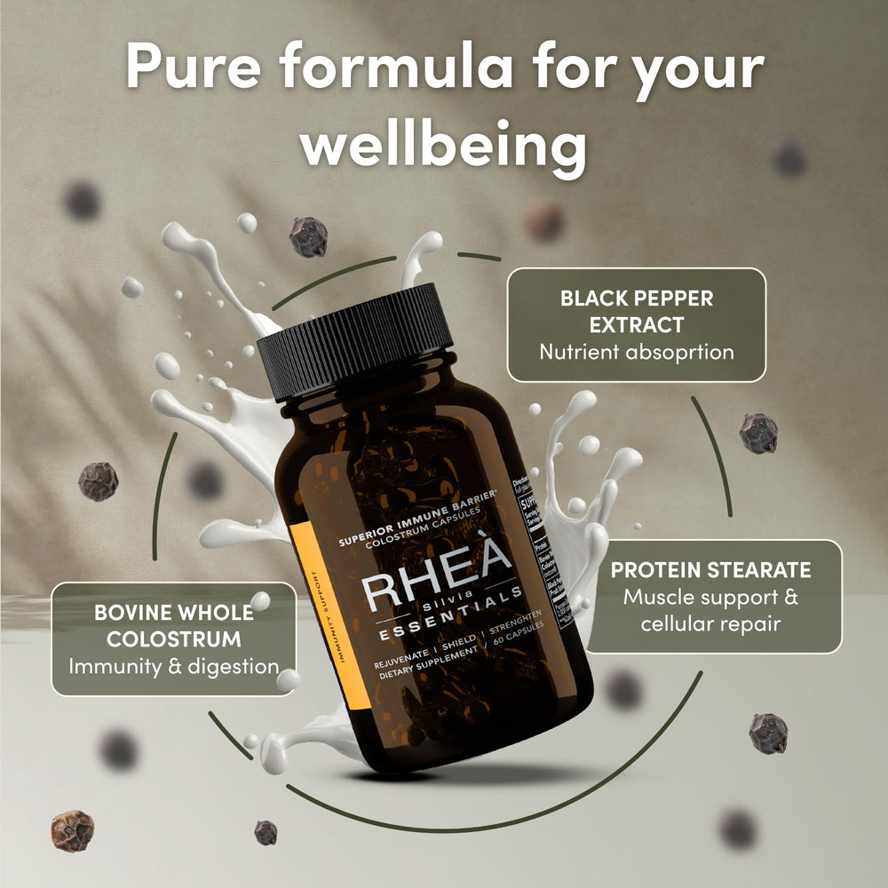 RHEA Colostrum capsules packaging and branding