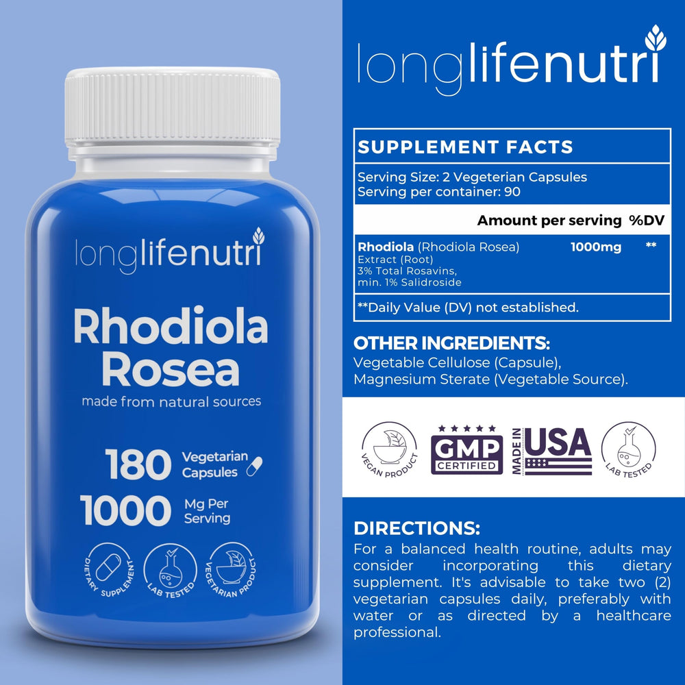 Close-up of Rhodiola Rosea 500mg capsules