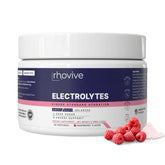 Rhovive Electrolyte Powder Raspberry bottle shows sugar-free hydration for daily activity.