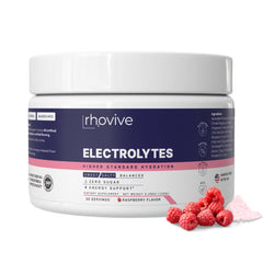 Rhovive Electrolyte Powder Raspberry bottle shows sugar-free hydration for daily activity.