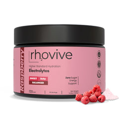 Rhovive Electrolyte Powder Raspberry glass drink emphasizes bioavailable minerals for hydration.