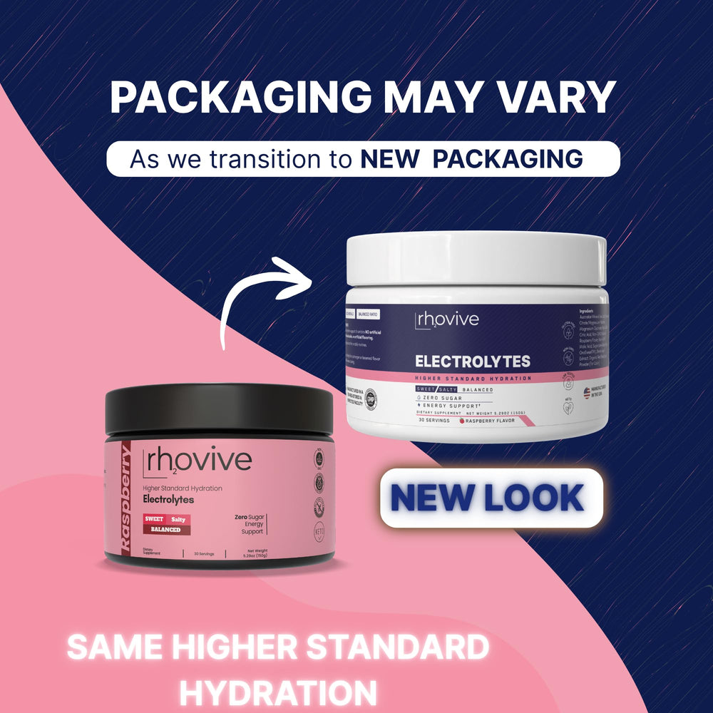 Rhovive Electrolyte Powder Raspberry scoop pours into glass for rapid electrolyte replenishment.