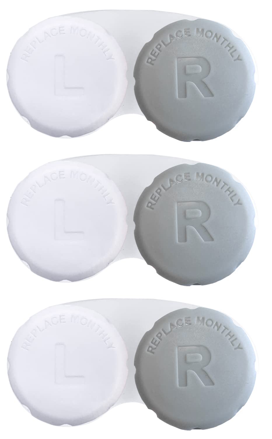 RHUI 3-pack grey contact lens cases for travel and daily use — front view