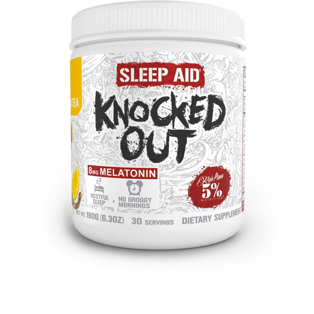 Front view of Rich Piana Knocked Out Sleep Aid Powder canister with Honey Lemon Tea flavor