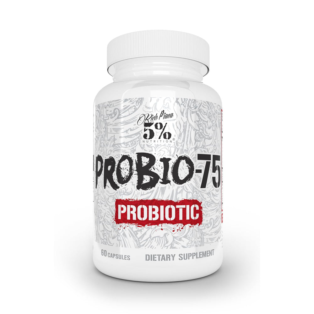 5% Nutrition Rich Piana Probio-75 bottle of probiotic supplement