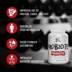 Close-up of Probio-75 label showing 14 probiotic strains