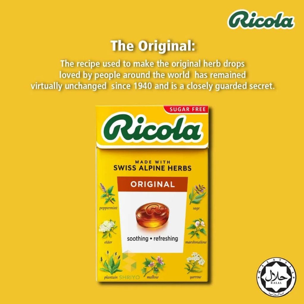 Front view of Ricola Sugar Free Herb Drops 45g Pack of 10