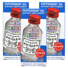 Front view of Ricqles Peppermint Oil Dietary Supplement in a 3-bottle pack (1.69 fl oz each)