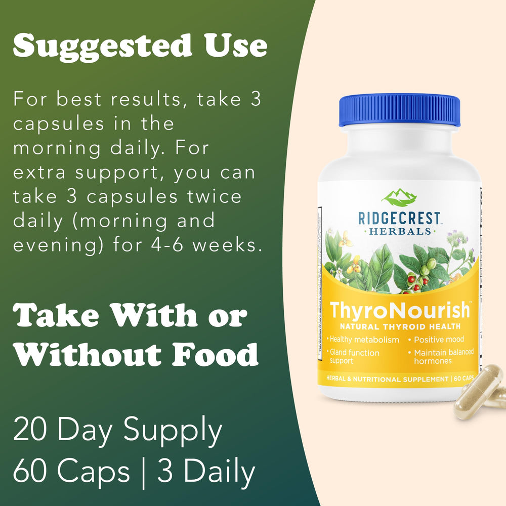 RidgeCrest Herbals ThyroNourish-bottle-angled demonstrates calming, day-long focus support.