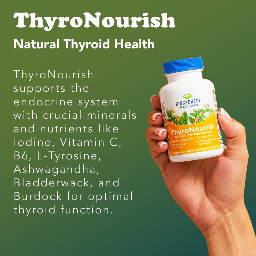 RidgeCrest Herbals ThyroNourish-inner-label highlights vitamin and herbal blend.