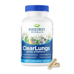 Bottle front view of RidgeCrest Herbals ClearLungs Extra Strength