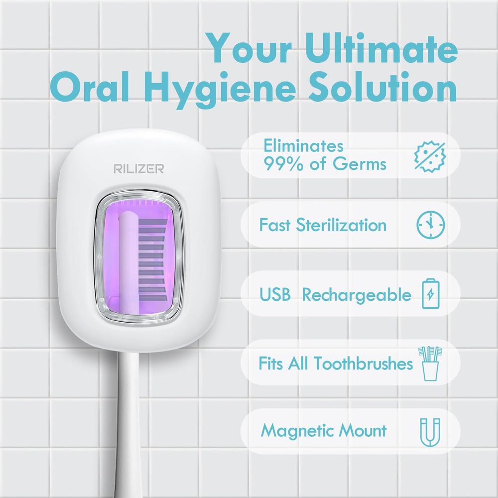 Close-up of RILIZER UV-C toothbrush sanitizer cover fitting different toothbrush sizes