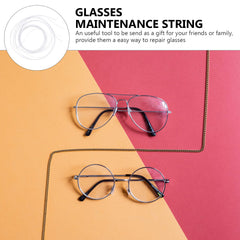 Close-up of repair string threading through rimless glasses