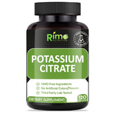 Bottle label of Rimo Nutrition Potassium Citrate - No Additives, 120 Servings