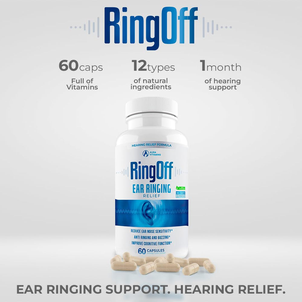 Graphic showing Ring Off ingredients including Ginkgo Biloba and zinc picolinate