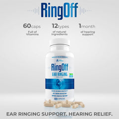 Graphic showing Ring Off ingredients including Ginkgo Biloba and zinc picolinate