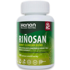 Riñosan herbal supplement bottle with 100 capsules label