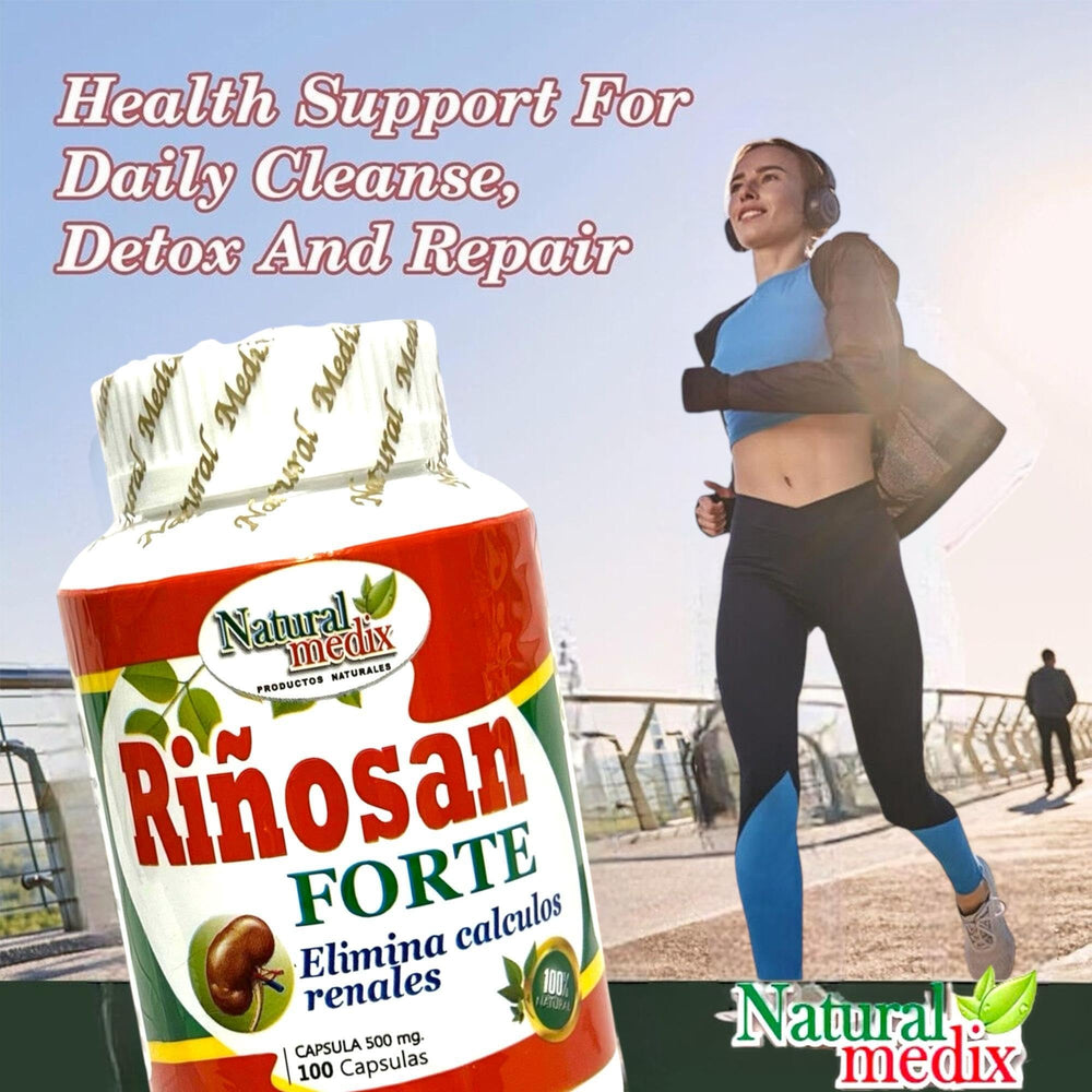 Close-up of Riñosan Forte bottle emphasizing kidney health