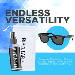 Sunglasses being cleaned with RIPCLEAR kit showing quick-dry formula