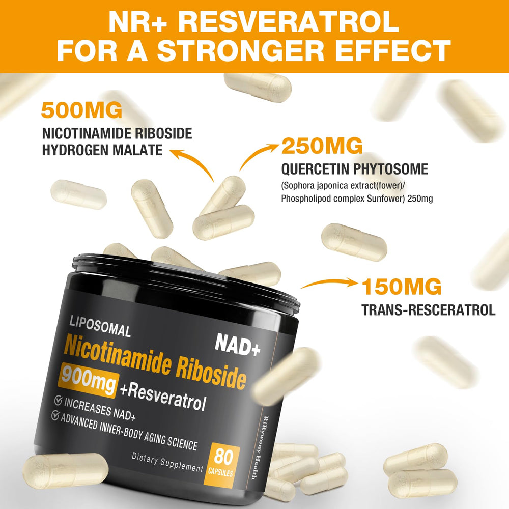 Close-up of NR and Resveratrol capsules in bottle