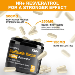 Close-up of NR and Resveratrol capsules in bottle