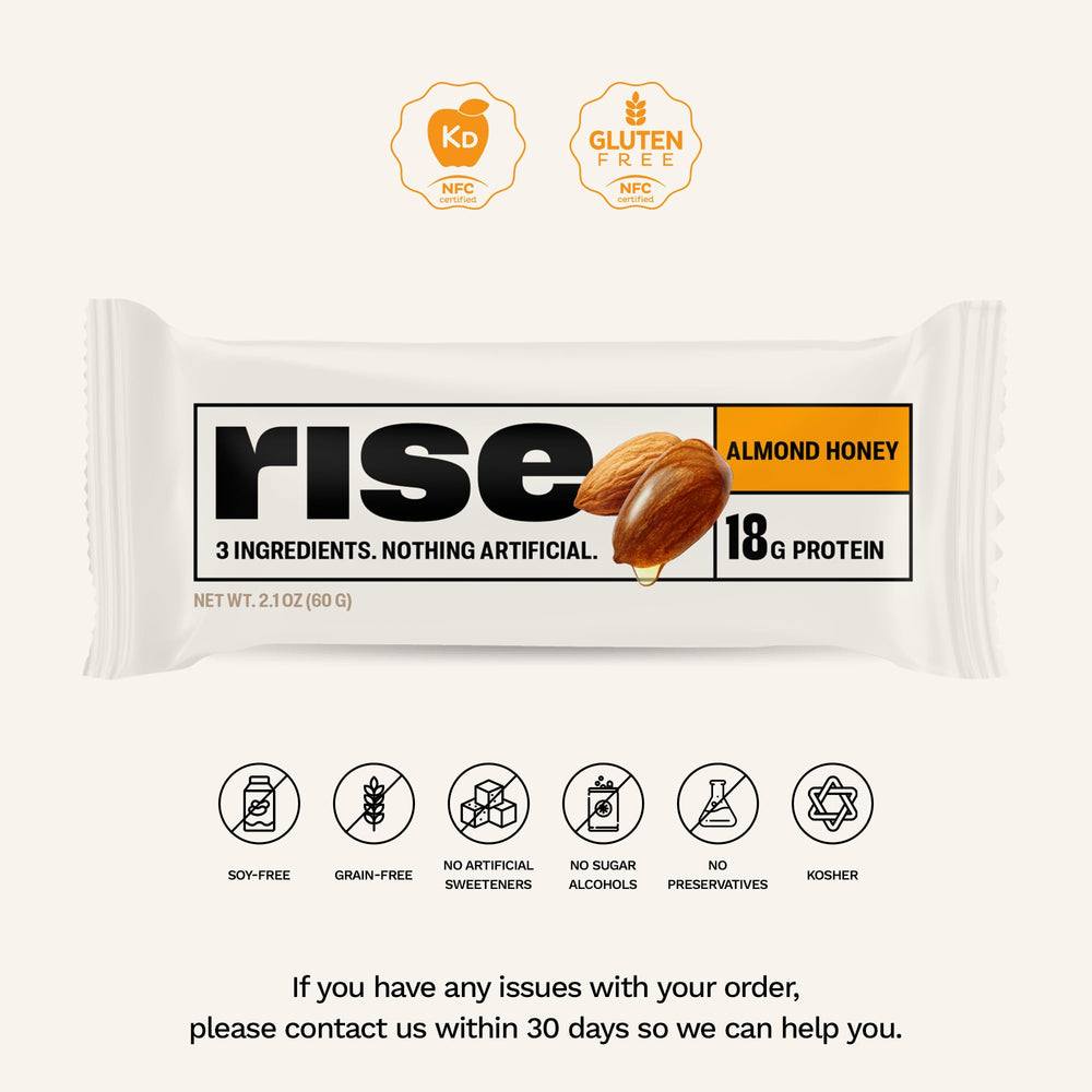 Ingredients for Rise Bar: almonds, honey, whey protein isolate