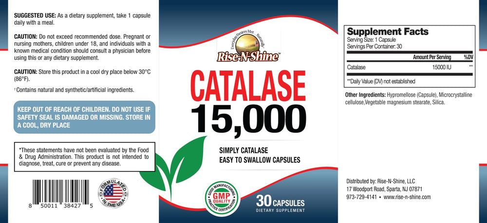 Supplement facts label for Rise-N-Shine Catalase 15,000