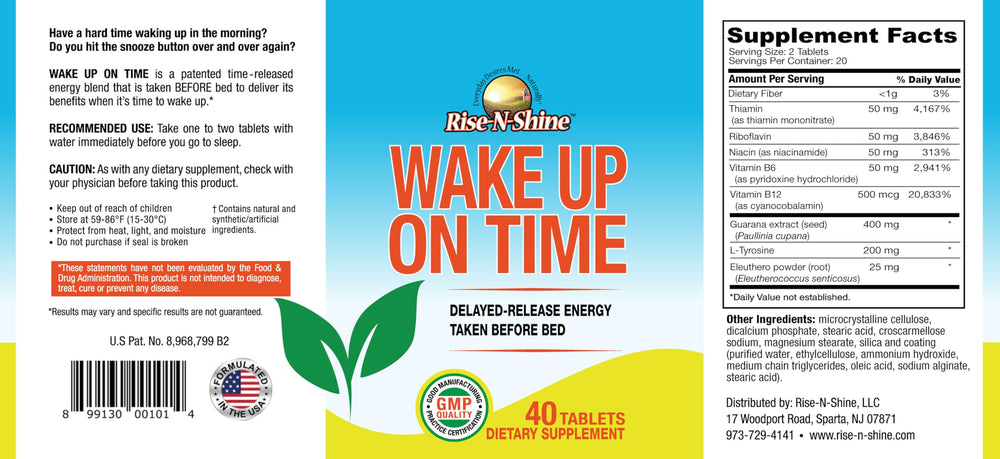 Rise-N-Shine Wake Up On Time bottle back highlights caffeine and vitamins for morning energy support
