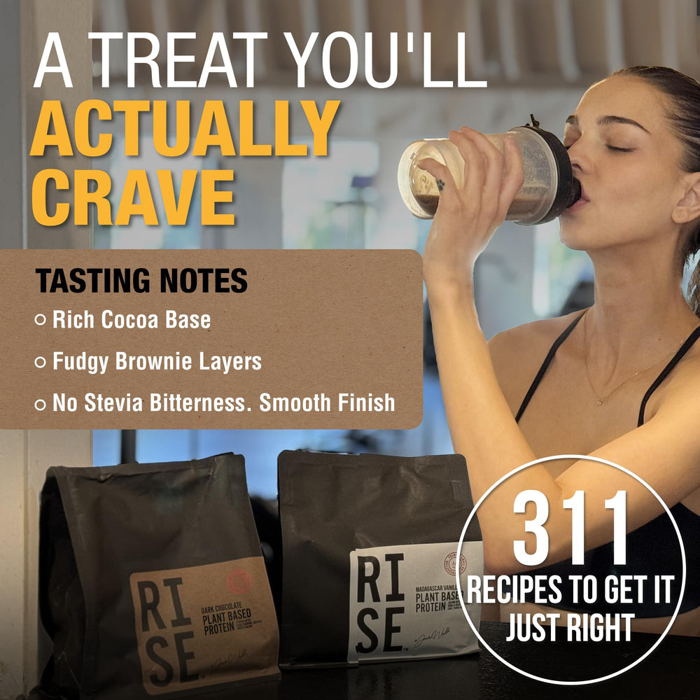 RISE311 protein powder chocolate swirl reveals fudgy brownie-inspired flavor notes.