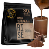 RISE311 protein powder packaging front highlights premium dark chocolate flavor for quick boosts.