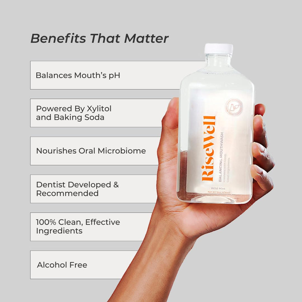 Close-up of RiseWell Mouthwash label showing fluoride-free and SLS-free claims