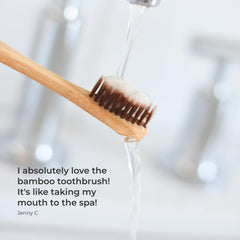 Close-up of bamboo handle and bristles on RiseWell Toothbrush