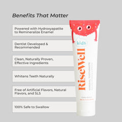 Close-up of RiseWell Kids toothpaste tube label cake batter flavor