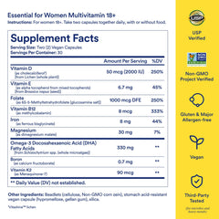 Ritual Multivitamin Women 18+ capsules close-up highlighting vegan Omega-3 DHA and B12