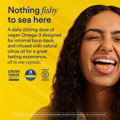 Close-up of vegan Omega-3 oil container highlighting minimal burp-back design