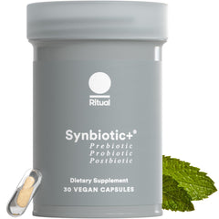 Ritual Synbiotic+ bottle label close-up highlighting the 3-in-1 gut support