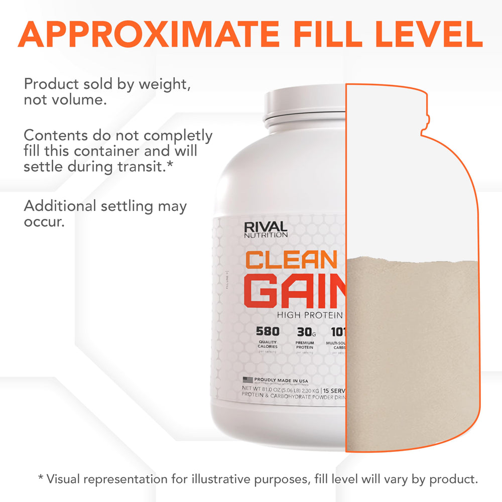 Rival Nutrition Clean Gainer 550 calories per serving ready to fuel workouts.