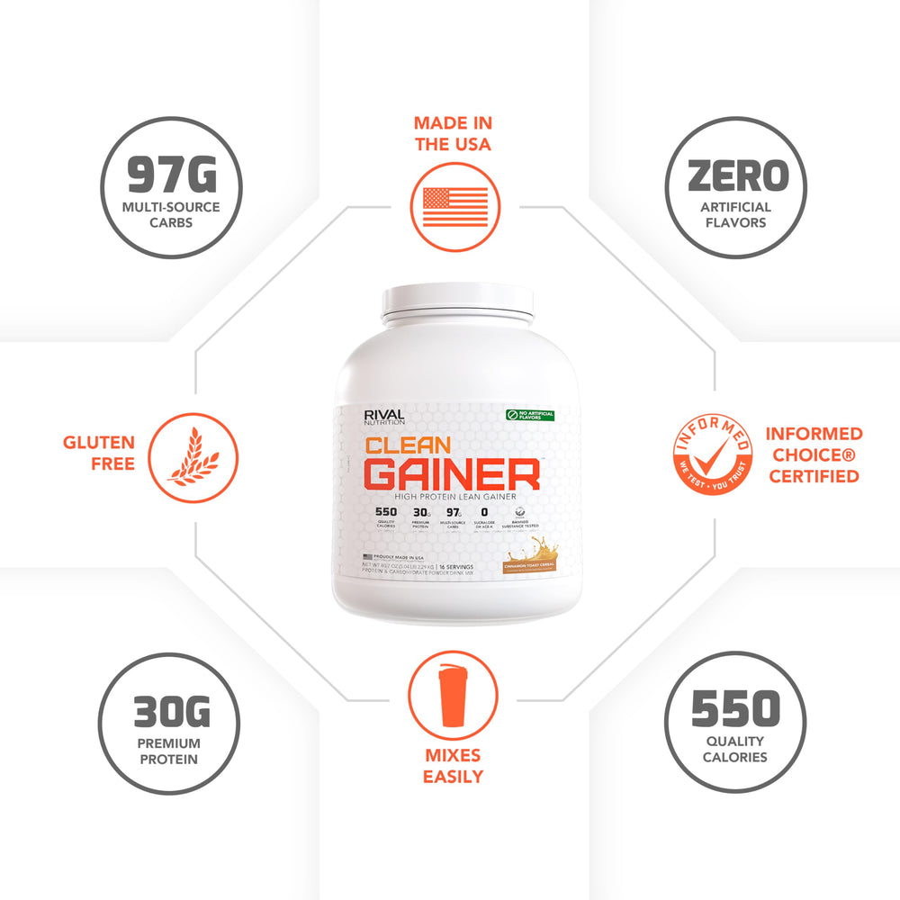 Rival Nutrition Clean Gainer protein blend visual showcasing complete protein mix.