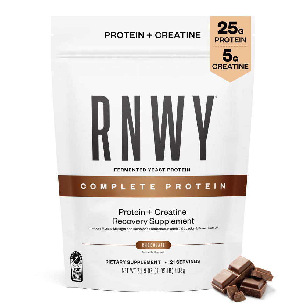 RNWY 25g Chocolate Protein jar demonstrates convenient recovery shake option.