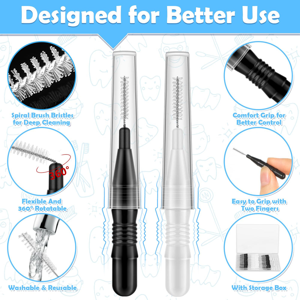 Assorted black and white interdental brushes laid out