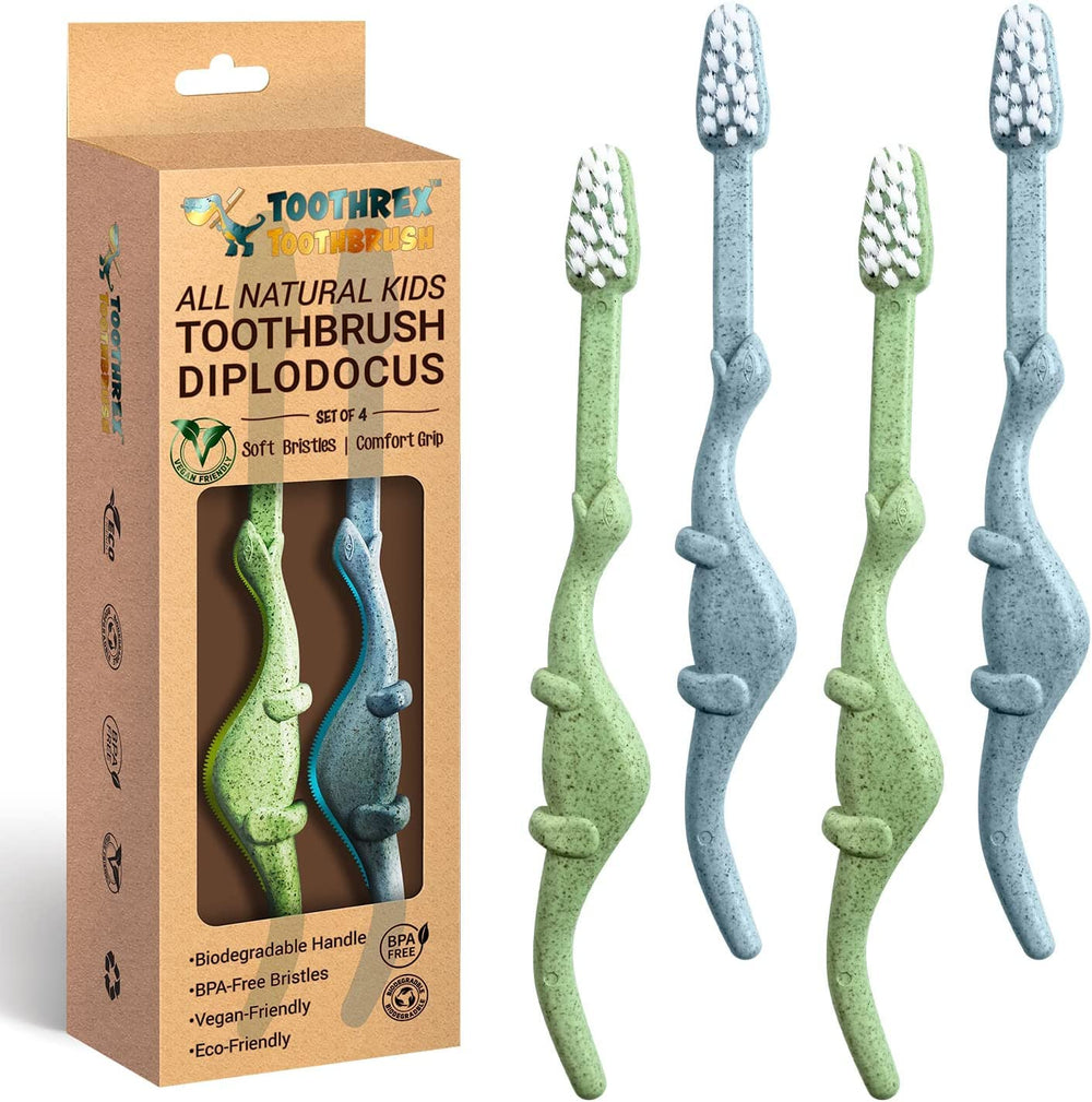 ROARex All-Natural Kids Toothbrushes with blue and green dinosaur design (image 1)
