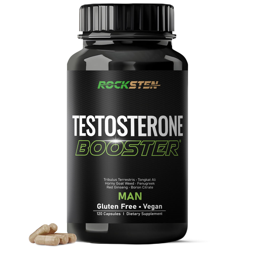 RockSten Testosterone Booster bottle highlighting label for daily energy support