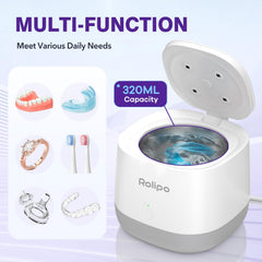 Mouth guard, aligner, braces and jewelry being cleaned