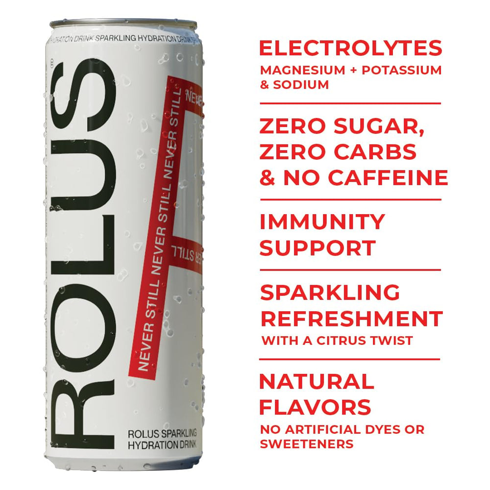 ROLUS Sparkling Electrolyte label closeup highlights 345 mg electrolytes per can.