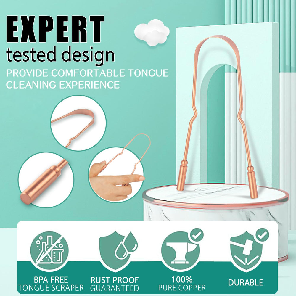 Ergonomic U-shaped copper tongue scraper design