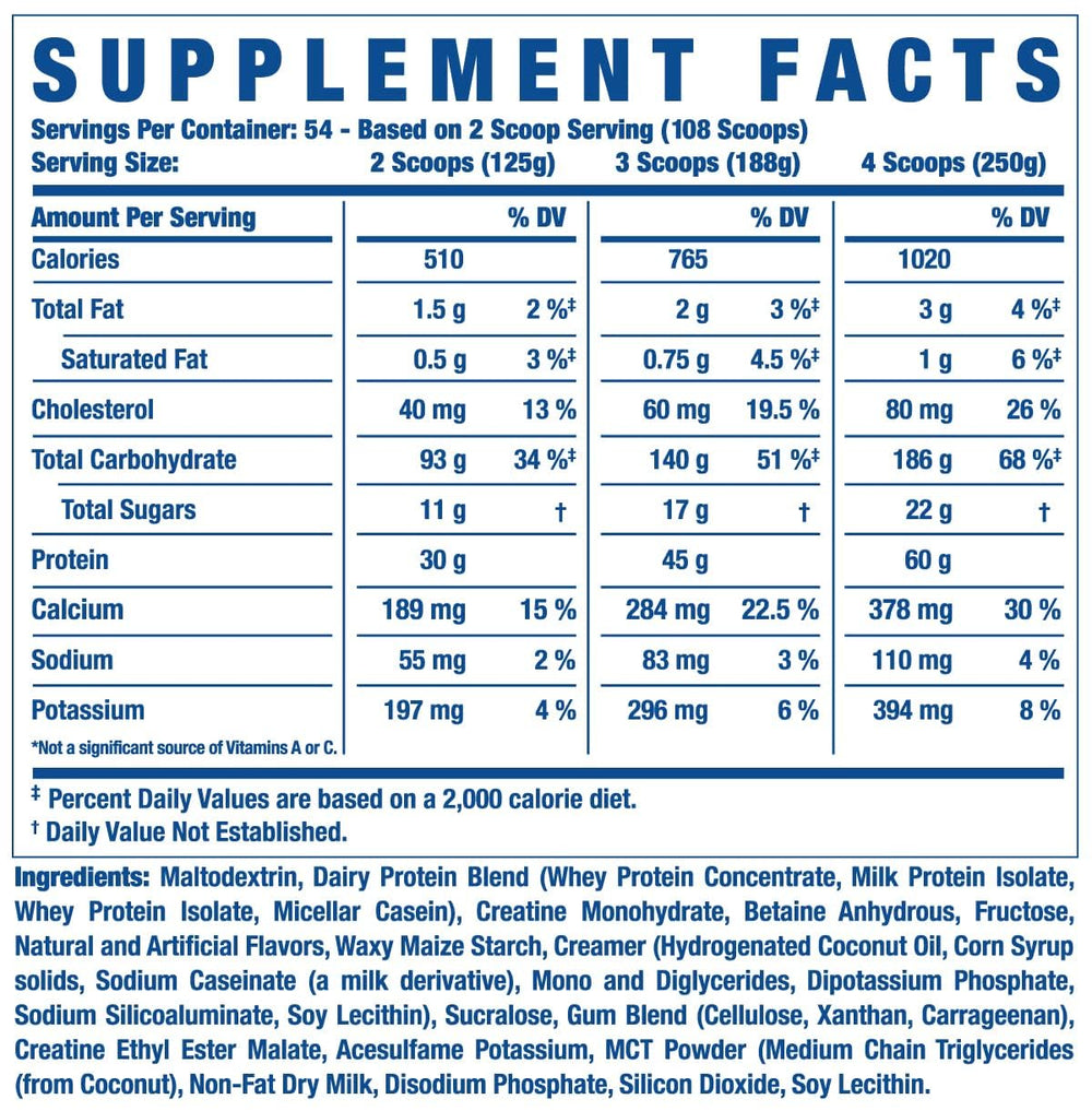 Creatine and glutamine ingredients highlighted on King Mass XL label