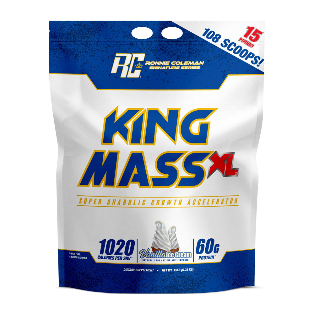 Ronnie Coleman King Mass XL tub front with Vanilla Ice Cream flavor for mass fueling